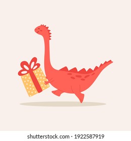 Cute dinosaur holding yellow big gift box with red ribbon. Character for children birthday card, banner, kids holiday design. Vector baby illustration in cartoon style. Happy animal runs.