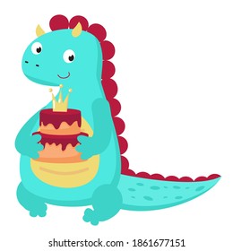 Cute dinosaur holds birthday cake. Vector illustration in cartoon style. Baby dino character. Isolated icon.