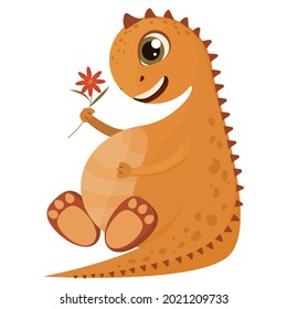 A cute dinosaur holds a scarlet flower in his paw. Hand-drawn. Cartoon dinosaur drawing for kids posters, postcards, kids t-shirts. Vector illustration of a dinosaur in a flat style. isolated on white