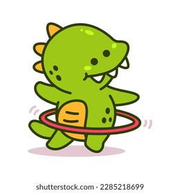 Cute dinosaur with hula hoop vector cartoon character isolated on a white background.