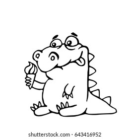 Cute dinosaur with ice cream. Vector illustration. Funny cartoon character.