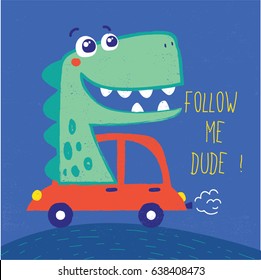 cute dinosaur illustration with car drawn as vector for baby fashion print