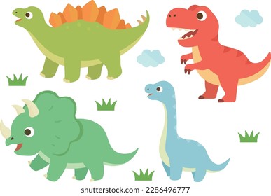 Conjunto de ilustraciones de dinosaurios.
Triceratops, Tyrannosaurus, Brachiosaurus, Stegosaurus.