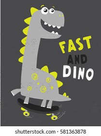 cute dinosaur illustration with skate for baby tee print