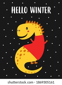 cute dinosaur isolated on black background, animal in winter clothes, winter holiday, vector illustration, baby print