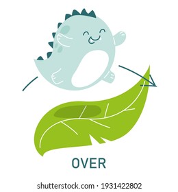 Cute dinosaur jumping over the leaves, learning preposition vector isolated. Preschool education, study position of the object. Funny dino standing near plants.