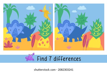 Cute dinosaur in Jurassic park. Find 7 differences. Game for kids. Activity hand drawn colored characters vector illustration.