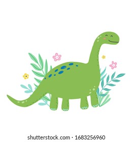 Cute dinosaur for kids, baby t-shirt, greeting card design. Funny little dino of hand drawn style. Vector illustration of dinosaur isolated on background.