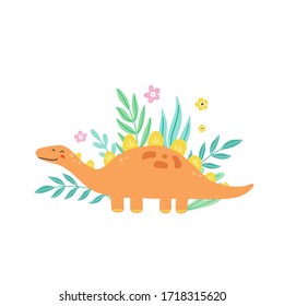 Cute dinosaur for kids, baby t-shirt, greeting card design. Funny little dino of hand drawn style. Vector illustration of dinosaur isolated on background.