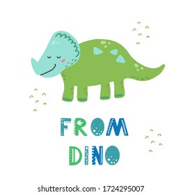 Cute dinosaur for kids, baby t-shirt, greeting card design. Funny little dino of hand drawn style. Vector illustration of dinosaur isolated on background.