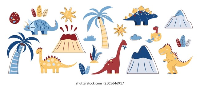 Cute Dinosaur Kids Style Set. Collection of dinosaurs and natural objects for design. Blue and yellow shades. Flat vector illustration.