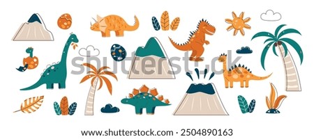 Cute Dinosaur Kids Style Set. Collection of dinosaurs and natural objects for design. Green and orange shades. Flat vector illustration.