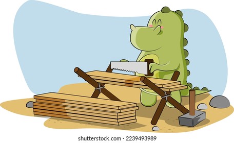 cute dinosaur learns building skills in illustration