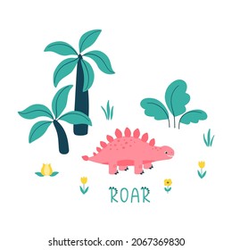 Cute dinosaur with leaves, flowers, palms. Roar text. Character isolated on white background. Vector illustration