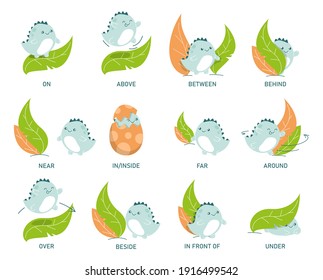 Dinosaurio y hojas, aprendiendo el vector de preposición aislado. Educación preescolar, posición de estudio del objeto. Frente y detrás. Dino saltando por encima y alrededor de la planta. Animal en huevo.