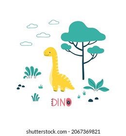 Cute dinosaur with leaves and tree. Dino text. Character isolated on white background. Vector illustration