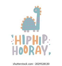 Cute dinosaur, with lettering. Cheerful letters. Vector illustration in flat cartoon scandinavian style