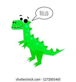 Cute dinosaur with lettering Hello. Flat design. Baby illustration.