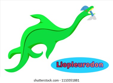 Cute dinosaur Liopleurodon.Flat cartoons illustration. Liopleurodon - water predatory dinosaur with name.Angry Plesiosaurus.Predatory dinosaur of Jurassic period.Extinct animal. Paleontology animal.