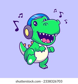 Cute Dinosaur Listening Music Cartoon Vector Icon Illustration. Animal Music Icon Concept Isolated Premium Vector. Flat Cartoon Style