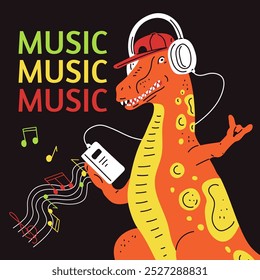 Netter Dinosaurier, der Musik mit Kopfhörern und Player hört, Geste mit Rockfingern. Bunte Musik Vektor Poster cooles Design mit musikalischen Noten. Cartoon lustiges Krokodil. Unterhaltung für Musiker