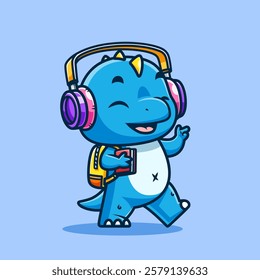 Cute Dinosaur Listening Music With Headset And Bring Backpack Cartoon Vector Icon Illustration. Animal Holiday Icon Concept Isolated Premium Vector. Flat Cartoon Style