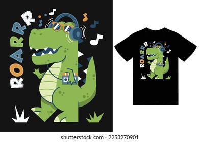 Cute Dinosaurier Hörmusik Illustration mit T-Shirt Design Premium Vektor das Konzept der isolierten Technologie. FlachCartoon-Stil geeignet für Landing-Webseiten, Banner, Flyer, Sticker, Karten