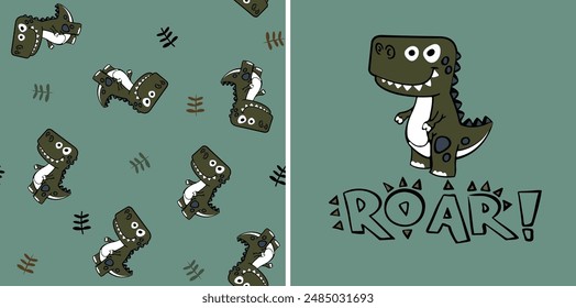 Cute dinosaur listening music illustration with tshirt design premium vector the Concept of Isolated Technology. Flat Cartoon Style Suitable for Landing Web Pages, Banners, Flyers, Stickers, Cards