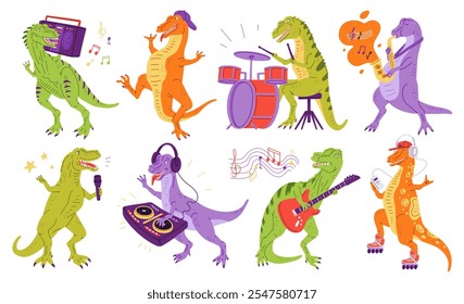 Cute dinosaur listening music, playing saxophone, electric guitar and drums. Colorful vector illustration set. Cartoon funny crocodile playing Dj music, dancing and singing. Music animal entertainment