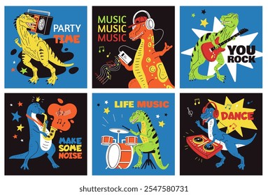 Cute dinosaur listening music, playing saxophone, electric guitar and drums. Colorful Music vector posters set bright design. Cartoon funny crocodile playing Dj music. Music animal entertainment