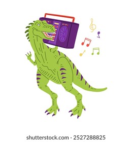 Lindo dinosaurio escuchando música con reproductor de grabadora retro. Dibujo divertido de cocodrilo de dibujos animados con notas musicales. Música de entretenimiento animal. Ilustración vectorial aislada en blanco