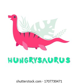 Cute dinosaur Loch ness nessie character. Dino flat handdrawn clipart. Sketch jurassic reptile with name of dino lettering. Isolated cartoon illustration for kids game, book, t-shirt print vector