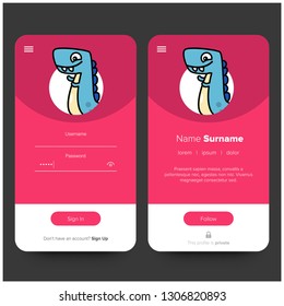 Cute Dinosaur Log In and Sign Up UI UX Screen Design With Profile Details
