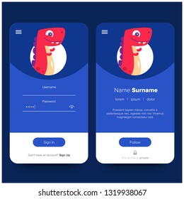 Cute Dinosaur Log In and Sign Up UI UX Screen Design With Profile Details