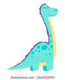 Cute dinosaur with long neck in flat design. Happy prehistoric dino mascot. Vector illustration isolated.