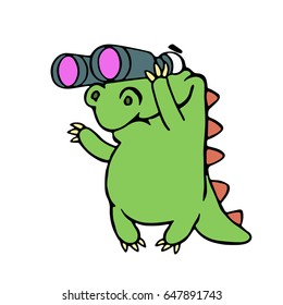Cute dinosaur looking through binoculars. Vector illustration. Funny cartoon character.
