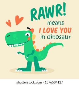 The cute dinosaur with the love text. Children's book illustration. Great idea for kids posters and calendars. Vector illustration. 