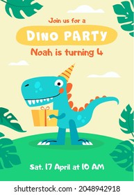 The cute dinosaur with the love text. Invitation for the party. Children's book illustration. Great idea for kids posters and calendars. Vector illustration. 