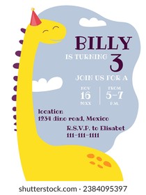 The cute dinosaur with the love text. Invitation for the party. Children's book illustration. Great idea for kids posters and calendars. Vector illustration.