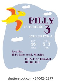 The cute dinosaur with the love text. Invitation for the party. Children's book illustration.