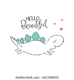 Cute Dinosaur in Love. Vector Illustration. Stylized Lettering.