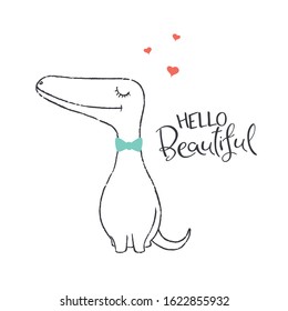 Cute Dinosaur in Love. Vector Illustration. Stylized Lettering.