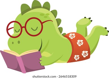 Cute Dinosaur Lying And Reading Book