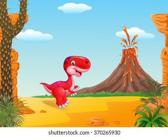 Cute dinosaur mascot with prehistoric background