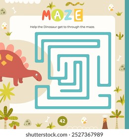 Cute Dinosaur Maze game for children. Help Dino find correct path in maze. Vector illustration. Labyrinth for kids. Book square format. Page for activity book.