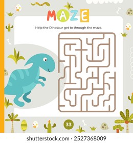 Cute Dinosaur Maze game for children. Help Dino find correct path in maze. Vector illustration. Labyrinth quest for kids. Book square format. Page for activity book.