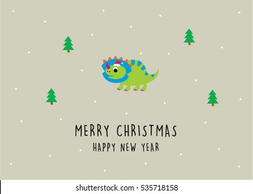cute dinosaur merry christmas and happy new year greeting card