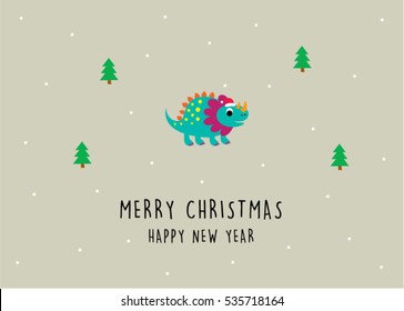 cute dinosaur merry christmas and happy new year greeting card