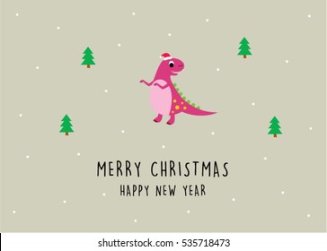 cute dinosaur merry christmas and happy new year greeting card