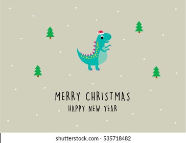 cute dinosaur merry christmas and happy new year greeting card